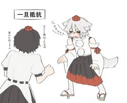  2girls animal_ears bandaged_leg bandages black_hair black_skirt commentary_request detached_sleeves fang geta hat highres inubashiri_momiji multiple_girls no_wings open_mouth puffy_short_sleeves puffy_sleeves red_hat red_skirt shameimaru_aya shirt short_sleeves skirt sweatdrop tail tengu-geta tktkhappymchyru tokin_hat touhou translation_request two-tone_skirt white_shirt wolf_ears wolf_girl wolf_tail 