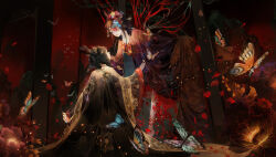  2girls absurdres black_flower black_hair black_hanfu black_robe blue_butterfly blue_flower bug butterfly butterfly_in_eye butterfly_wings chinese_clothes chinese_commentary closed_mouth commentary_request dress expressionless floral_print flower folding_screen full_body hair_flower hair_ornament hair_rings hairpin hanfu highres indoors insect_wings into_screen_ashes_burn_(shining_nikki) light_frown light_particles lipstick long_hair long_sidelocks long_sleeves looking_at_another makeup multiple_girls multiple_hairpins nikki_(series) orange_butterfly outstretched_arm parted_lips petals pink_flower pointy_nose red_dress red_flower red_lips red_wings robe shining_nikki sidelocks situ_ming_ling_hua_yi strapless strapless_dress through_medium through_painting topknot violet_eyes white_flower wide_sleeves wings within_scroll_portrait_fades_(shining_nikki) 