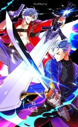  absurdres baehee5502 black_gloves blue_coat blue_eyes coat dante_(devil_may_cry) dated devil_may_cry_(series) devil_may_cry_3 ebony_&amp;_ivory fingerless_gloves gloves highres holding holding_weapon jacket male_focus no_shirt rebellion_(sword) red_coat signature simple_background sword vergil_(devil_may_cry) weapon white_hair yamato_(sword) 