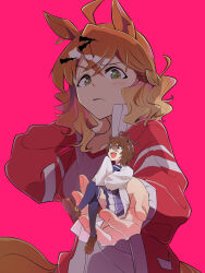  2girls agnes_tachyon_(umamusume) ahoge animal_ears blush brown_hair closed_mouth highres holding holding_mini_person horse_ears horse_girl horse_tail jacket jungle_pocket_(umamusume) lab_coat long_sleeves mini_person minigirl multiple_girls open_mouth pink_background purple_thighhighs raised_eyebrow red_eyes red_jacket school_uniform shirt simple_background smile tail thigh-highs tracen_school_uniform track_jacket umamusume white_shirt yasumi_(aitne) yellow_eyes 