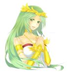  blush character_name choker crown gauntlets gold green_eyes green_hair hands_on_own_chest highres jewelry kid_icarus long_hair mone_a necklace palutena solo typo 