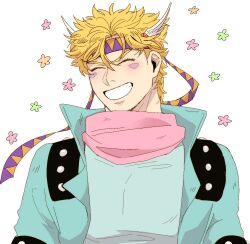  1boy ^_^ blonde_hair blue_jacket blue_shirt blush bracelet caesar_anthonio_zeppeli closed_eyes commentary_request floral_print highres jacket jewelry jojo_no_kimyou_na_bouken male_focus medium_hair messy_hair mullet multicolored_headband muscular muscular_male open_mouth pink_scarf sachiko_(rinana239) scarf shirt shoulder_spikes simple_background smile solo solo_focus spiked_bracelet spikes thick_eyebrows triangle_print white_background winged_hair_ornament 
