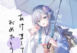  1girl blue_eyes blue_hair bow braid cropped flower grey_hair hair_bow hair_flower hair_ornament hand_up holding holding_umbrella japanese_clothes kaga_sumire kimono long_hair long_sleeves looking_at_viewer mixed-language_commentary mole mole_under_eye official_art open_mouth second-party_source smile solo toosaka_asagi twin_braids umbrella upper_body virtual_youtuber vspo! white_kimono 