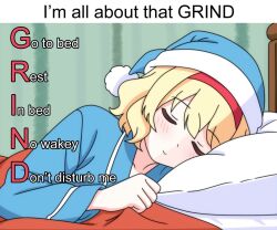  1girl alice_margatroid alternate_costume bed blanket blonde_hair blue_pajamas bnelsey closed_eyes closed_mouth collarbone english_text hairband hat head_on_pillow indoors long_sleeves nightcap on_bed pajamas pillow red_hairband sleepwear touhou 