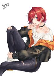  1girl absurdres ange_katrina ange_katrina_(5th_costume) artist_name black_choker black_jacket blue_eyes blue_pants breasts choker collarbone commentary_request cropped dated denim earrings foot_out_of_frame gold_earrings hair_ornament hairclip hand_on_own_ankle hand_on_own_chin hand_up head_tilt highres invisible_chair jacket jeans jewelry knee_up kuromu light_smile long_sleeves looking_at_viewer nail_polish nijisanji off_shoulder open_clothes open_jacket open_mouth orange_jacket pants pendant_choker pink_nails quilted_jacket red_hair shirt shoes short_hair simple_background single_earring single_hair_intake sitting small_breasts solo t-shirt torn_clothes torn_jeans torn_pants triangle_earrings two-sided_fabric two-sided_jacket virtual_youtuber white_background white_shirt white_shoes 