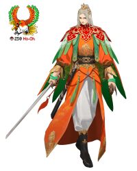  1boy absurdres black_shoes capelet claw_ring commentary grey_hair highres ho-oh holding holding_sword holding_weapon orange_robe pants personification pokemon ponytail red_capelet reference_inset robe shoes simple_background solo sword umber weapon white_background white_pants 