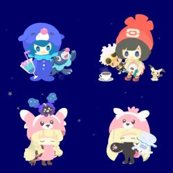  2boys 4girls animated animated_png bewear bewear_(cosplay) blonde_hair bubble chibi chibi_only closed_eyes coffee cosmog cosplay drink gladion_(pokemon) guzma_(pokemon) heart lana_(pokemon) lillie_(pokemon) lusamine_(pokemon) mimikyu mother_and_daughter multiple_boys multiple_girls nihilego pokemon pokemon_sm popplio popplio_(cosplay) rizu_(rizunm) rowlet selene_(pokemon) stufful stufful_(cosplay) waving_arms 