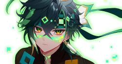  1boy black_shirt closed_mouth commentary_request crossed_bangs earrings ego_(ego_inp) facial_tattoo genshin_impact glowing glowing_tattoo green_eyes green_hair green_headband headband highres jewelry kinich_(genshin_impact) looking_at_viewer male_focus multicolored_eyes multicolored_hair orange_eyes portrait shirt short_hair solo streaked_hair tattoo two-tone_eyes watermark 