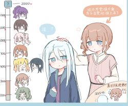  1other 6+girls ^^^ akiyama_mizuki aran_sweater arm_at_side arm_up asahina_mafuyu belt black_belt black_hair black_shirt blonde_hair blue_eyes blue_jacket blunt_bangs brown_eyes brown_hair cable_knit chibi chibi_inset colored_speech_bubble flying_sweatdrops from_behind gradient_hair green_hair grey_eyes hair_between_eyes hanasato_minori hand_up headpat highres hoshino_ichika_(project_sekai) jacket kano2007226 kiss_meter_(meme) kusanagi_nene long_hair long_sidelocks long_sleeves meme mochizuki_honami multicolored_hair multiple_girls open_clothes open_jacket orange_hair parted_lips pink_eyes pink_hair pink_sweater project_sekai purple_hair purple_shirt shinonome_ena shirt sidelocks simple_background speech_bubble surprised sweater tenma_saki track_jacket translation_request upper_body violet_eyes white_background white_hair yellow_shirt yoisaki_kanade 