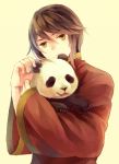  animal axis_powers_hetalia bad_id brown_hair changpao chinese_clothes choke_(amamarin) expressionless head_tilt hong_kong_(hetalia) hug looking_at_viewer male panda payot sepia_background simple_background solo tongue tongue_out wide_sleeves yellow_eyes 