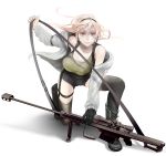  bare_shoulders black_legwear blue_eyes boots breasts cleavage gun headset heterochromia highres jacket large_breasts lips long_hair nicole original pink_hair rifle short_shorts shorts simple_background single_glove sniper_rifle solo strap thigh-highs thighhighs weapon yellow_eyes 