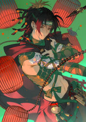  1boy abs absurdres arm_tattoo black_hair brown_eyes chinese_clothes dreadlocks earrings fang fang_out highres holding holding_whip jewelry lantern male_focus mouse_(animal) paper_lantern ponytail revealing_clothes tattoo where_winds_meet whip yinglingshang 