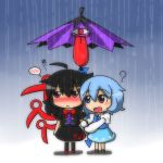  ? ahoge arm_grab asymmetrical_wings black_hair black_legwear blue_hair blush bow chibi feiton heterochromia houjuu_nue karakasa_obake long_tongue multiple_girls open_mouth rain red_eyes shared_umbrella shirt short_hair skirt smile spoken_blush standing tatara_kogasa thighhighs tongue tongue_out touhou tsundere umbrella vest wing_grip wing_hold wings 