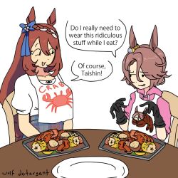  2girls :d alternate_costume animal_ears bib black_gloves braid brown_hair corn crab crayfish ear_ribbon eating eye_contact food gloves hood hoodie horse_ears horse_girl long_hair looking_at_another multiple_girls narita_taishin_(umamusume) open_mouth pink_hoodie potato scowl seafood shirt short_hair short_sleeves shrimp sitting smile speech_bubble super_creek_(umamusume) table umamusume white_background white_shirt wolfdetergent 