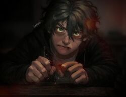  1boy black_hair black_jacket blue_eyes breaking clenched_hand degrees_of_lewdity hair_between_eyes hood hood_down jacket kylar_(degrees_of_lewdity) lens_flare looking_at_viewer male_focus messy_hair serious shirt short_hair solo white_shirt x_nikatta_x 