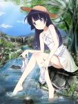  1girl barefoot blue_eyes blue_hair dress edogawakid gokou_ruri hat high_heels highres long_hair ore_no_imouto_ga_konna_ni_kawaii_wake_ga_nai river shoes sitting smile solo sun_hat sundress tree water 