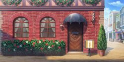  awning banner barrel blue_sky brick_wall clouds curtains day door flower game_cg hedge highres no_humans official_art outdoors plant potted_plant red_flower red_rose rose scenery sign sky third-party_source touhou touhou_lostword white_flower white_rose window 