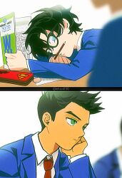  2boys arm_up black-framed_eyewear black_hair blue_eyes book closed_mouth collared_shirt commentary_request damian_wayne dc_comics ekaa030 facial_hair glasses head_rest highres holding holding_book jacket jonathan_kent lapels layered_sleeves long_sleeves looking_at_another looking_to_the_side male_focus multiple_boys mustache necktie notched_lapels pencil_case pencil_mustache red_necktie school_uniform shirt short_hair short_sideburns sideburns sideways_glance suit_jacket super_sons superman_logo white_shirt wing_collar 