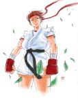  alternate_costume androgynous bandage bandages brown_eyes brown_hair capcom dougi headband kasugano_sakura kote leaf no_pants parody reverse_trap rgm501 short_hair solo street_fighter street_fighter_zero wind 