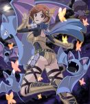  1girl armor ass back belt blue_scarf boots bow breasts brown_eyes brown_hair butterfly character_request cloud crossover drifblim flying from_behind gauntlets golbat hair_ornament head_wings knee_boots kote light_smile looking_at_viewer looking_back moon nene nene_(sengoku_musou) night night_sky ninja nobunaga_no_yabou pokemoa pokemon pokemon_(creature) pokemon_(game) pokemon_+_nobunaga_no_yabou scarf sengoku_musou short_hair sideboob skin_tight sky star_(sky) thigh_strap zubat 