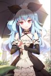  bare_shoulders blue_hair detached_sleeves dress flower frilled_dress frills gilse hair_ribbon holding linus_falco long_hair looking_at_viewer lowres open_mouth red_eyes ribbon rose smile solo sword_girls umbrella very_long_hair wavy_hair 