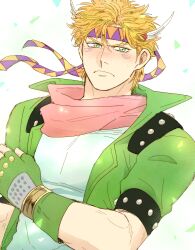  1boy absurdres blonde_hair blush bracelet caesar_anthonio_zeppeli commentary_request cropped_jacket facial_mark feather_hair_ornament feathers fingerless_gloves furrowed_brow gloves gold_bracelet green_eyes green_gloves green_jacket hair_ornament hand_on_own_arm headband highres jacket jewelry jojo_no_kimyou_na_bouken looking_at_viewer messy_hair mullet multicolored_scarf muscular muscular_male pink_scarf sachiko_(rinana239) scarf shirt shoulder_spikes solo solo_focus spiked_bracelet spikes triangle_print visible_ears white_background white_shirt winged_hair_ornament 