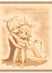  1girl arm_around_neck barefoot brother_and_sister character_name cup hair_ornament hairband hairclip holding kagamine_len kagamine_rin ria sepia siblings sitting smile spilling teacup title_drop vocaloid 