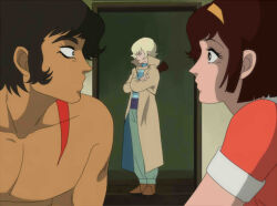 0_0 1girl 2boys 2d 80s 90s :^ asuka_ryou baggy_pants bedroom black_hair blonde_hair body_markings brown_eyes brown_hair cb_chara_nagai_gou_world closed_eyes coat crossed_arms dark-skinned_male dark_skin derivative_work devilman eyelashes eyeliner female fudou_akira gun headband indoors leg1228 makimura_miki male medium_hair muscular muscular_male retro_artstyle screencap_redraw shirtless short_hair shotgun striped_clothes weapon weapon_on_back