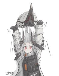  1girl arknights armor arms_up black_gloves black_horns bright_pupils commentary demon demon_girl demon_horns earrings expressionless gloves grey_hair highres horns jewelry kuramidomoyasi long_hair long_sleeves looking_at_viewer mudrock_(arknights) pointy_ears red_eyes removing_helmet signature simple_background solo upper_body white_background white_pupils 
