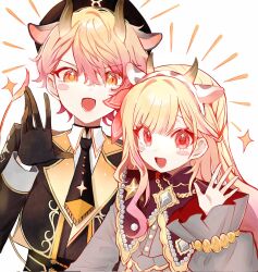  1boy 1girl :d animal_ears black_gloves blonde_hair blush_stickers commentary fake_animal_ears gloves highres horns long_hair looking_at_viewer open_mouth orange_eyes pink_eyes project_sekai short_hair siblings siii_49 smile symbol-only_commentary tenma_saki tenma_tsukasa white_background 