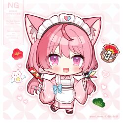  1girl :3 :d animal_ear_fluff animal_ears apron artist_name black_sandals blush border cat_ears cat_girl cat_tail chibi chibi_only commentary_request frilled_apron frilled_sleeves frills full_body indie_virtual_youtuber japanese_clothes kimono long_hair long_sleeves looking_at_viewer low_twintails maid maid_headdress noi_mine okobo open_mouth outline pink_background pink_eyes pink_hair pink_kimono platform_sandals sandals smile socks solo standing tabi tail twintails twitter_username virtual_youtuber wa_maid white_apron white_border white_outline white_socks wide_sleeves yuuki_sakuna 