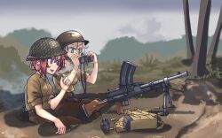  2girls absurdres binoculars bren_lmg cigarette commentary english_commentary explosive foxhole grenade grey_hair gun helmet highres light_machine_gun machine_gun magazine_(weapon) military military_uniform multiple_girls open_mouth original red_hair rifle smoking soldier tree united_kingdom warriordesu weapon world_war_ii 