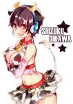  animal_ears bell bell_collar blush breasts brown_hair character_name collar cow_bell cow_ears cow_horns cow_print cow_tail elbow_gloves gloves headset horns ichiko_saba idolmaster idolmaster_cinderella_girls large_breasts oikawa_shizuku open_mouth short_hair smile tail 