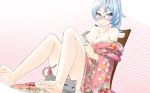  :o barefoot blue_eyes blue_hair breasts cat cleavage collarbone feet floral_print glasses highres japanese_clothes kimono legs looking_at_viewer nekobaka off_shoulder original red-framed_glasses sitting solo yagasuri 