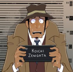  1boy barbie_mugshot_(meme) black_eyes black_hair brown_hat character_name coat collared_shirt commentary english_commentary facial_hair fedora hat height_chart height_mark highres holding holding_sign kalzoni layered_clothes long_sleeves looking_at_viewer lupin_iii male_focus meme mugshot nameplate open_clothes open_coat open_mouth scared shirt short_hair sideburns sign solo trench_coat white_shirt wing_collar zenigata_kouichi 