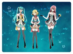  aqua_eyes aqua_hair blonde_hair cosplay elbow_gloves frills gloves hair_ornament hatsune_miku highres kagamine_rin kunieda_(miniaturegarden) long_hair mawaru_penguindrum megurine_luka microphone multiple_girls pink_hair short_hair skirt smile star thigh-highs thighhighs twintails vocaloid zettai_ryouiki 