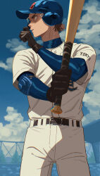  1boy ace_of_diamond baseball_bat baseball_helmet baseball_uniform belt black_gloves brown_hair commentary_request dangomochi2 gloves helmet highres holding holding_baseball_bat male_focus miyuki_kazuya outdoors pants shirt solo sportswear standing sweat white_pants white_shirt 