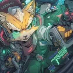  1boy :3 animal_ear_fluff animal_ears animal_nose arm_up backwards_text bandana bandana_around_neck black_gloves cockpit commentary cropped earpiece edwin_huang english_commentary english_text fingerless_gloves foreshortening forked_eyebrows fox_boy fox_ears fox_mccloud furrowed_brow furry furry_male gloves green_eyes green_jumpsuit headgear holographic_interface jacket james_mccloud jumpsuit krystal lipstick_mark looking_afar male_focus motion_blur open_clothes open_jacket open_mouth outstretched_arm photo_(object) red_bandana scouter serious sitting slippy_toad snout solo star_fox teeth thick_eyebrows whiskers white_jacket zipper 