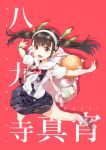  backpack bag black_hair bracelet character_name hachikuji_mayoi hair_ribbon hairband jewelry monogatari_(series) open_mouth outstretched_arms panties pantyshot randoseru red_eyes ribbon solo spread_arms twintails underwear yuugen 