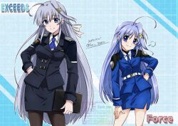  2girls adversarial_noise ahoge ascot black_jacket black_pantyhose black_skirt blazer blue_ascot blue_eyes blue_hair blue_jacket blue_necktie blue_skirt buttons commentary_request comparison contrapposto cowboy_shot dated double-breasted dual_persona grey_hair grid_background hair_ornament jacket lyrical_nanoha mahou_shoujo_lyrical_nanoha_exceeds:_gun_blaze_vengeance mahou_shoujo_lyrical_nanoha_strikers military_uniform multiple_girls necktie pantyhose parted_lips puff_of_air reinforce_zwei san-pon skirt standing tablet_pc tsab_ground_military_uniform twitter_username x_hair_ornament 