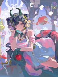  1girl anjo_nala anjo_nala_(forbidden_fruit) apple bitten_apple black_hair chinese_commentary commentary_request cowboy_shot cropped cup demon_girl demon_horns dress flower food food_bite fruit gloves gold_choker grapes green_gloves green_horns hair_flower hair_ornament hand_on_own_chin highres holding holding_food holding_fruit horns lizard_tail long_hair looking_at_viewer lying moon_phases official_alternate_costume on_side pillar pink_tail purple_background reverse:1999 short_dress smile solo tail violet_eyes white_dress white_flower zhikao_baobaodan 