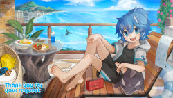  1girl :d barefoot black_shirt black_shorts blue_eyes blue_hair blue_sky cherry clouds commentary_request commission cup day dido_(di_do_di_do) double-parted_bangs drawstring drinking_glass egg_(food) fang food french_fries fruit full_body hair_between_eyes hand_on_own_knee highres hood hood_down hoodie ice_cream ice_cream_float looking_at_viewer ocean open_clothes open_hoodie open_mouth original outdoors plate radio shirt short_hair short_sleeves shorts sitting skeb_commission sky smile solo steak table toes tomato tomato_slice white_hoodie 