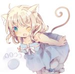  andras animal_ears bare_arms blonde_hair bloomers blue_eyes blush bow cat_ears cat_tail dress elf extra_ears fangs mabinogi masirosu nightgown open_mouth paw_print pointy_ears sleeveless solo tail wink 
