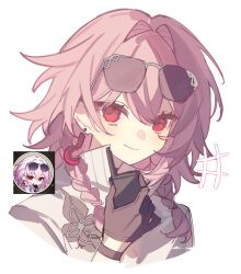  1girl black_gloves braid chinese_commentary closed_mouth coat commentary_request cropped_shoulders earrings evernight_(honkai:_star_rail) evernight_(lurking)_(honkai:_star_rail) eyewear_on_head gloves hair_between_eyes highres holding holding_walkie-talkie honkai:_star_rail honkai_(series) jewelry long_hair looking_at_viewer march_7th_(honkai:_star_rail) official_alternate_costume pink_hair red_eyes reference_inset reido_0723 simple_background single_earring smile solo sunglasses twin_braids walkie-talkie white_background white_coat 