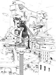  1girl aircraft architecture bad_id bodysuit boots bridge brown_eyes building bush cat_tail closed_mouth detached_sleeves dirigible eyepatch fake_tail fingerless_gloves full_body gloves greyscale headpiece hirai_yukio katana lamppost left-handed light_frown lineart long_hair looking_at_viewer monochrome no_pupils original portal_(object) sheath solo squatting straight_hair sword tail thigh_boots unsheathed water waterfall weapon window 