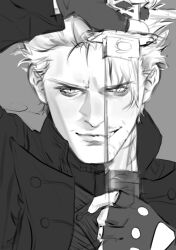  2boys absurdres black_gloves blue_coat blue_eyes closed_mouth coat dante_(devil_may_cry) devil_may_cry_(series) devil_may_cry_5 du0_n1zh fingerless_gloves gloves hair_slicked_back hashtag-only_commentary highres holding holding_sword holding_weapon jacket katana looking_at_viewer male_focus multiple_boys reflection short_hair simple_background smile solo sword vergil_(devil_may_cry) weapon white_hair yamato_(sword) 