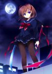  aura bad_id black_legwear blue_eyes blue_moon boon brown_hair cityscape copyright_request full_moon katana kobayashi_chisato miniskirt moon night night_sky pantyhose ribbon school_uniform serafuku skirt sky sword weapon 