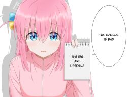  1girl arms_at_sides blue_eyes bocchi_the_rock! commentary cube_hair_ornament drop_shadow english_commentary english_text fingernails gotoh_hitori hair_between_eyes hair_ornament hand_up highres holding holding_notepad jacket kimiganai1 long_hair long_sleeves looking_at_viewer notepad open_mouth peanut_mouth pink_hair pink_jacket simple_background solo speech_bubble sweatdrop track_jacket upper_body white_background 