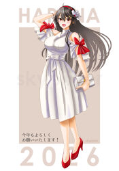  2026 absurdres arm_up bag black_hair blush border bow brown_eyes character_name commentary_request cosplay dress full_body hair_bow hand_on_own_head handbag haruna_(kancolle) headband highres holding holding_bag kantai_collection kongou_(kancolle) kongou_(kancolle)_(cosplay) kongou_(yokohama)_(kancolle) long_hair looking_at_viewer open_mouth red_bow red_headband red_shoes shoes skypixter translation_request white_border white_bow white_dress 