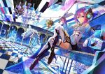  blue_eyes boots chandelier checkered checkered_floor crescent_moon elbow_gloves flower fuji_choko glass gloves headphones helmet holding instrument moon musical_note original pink_hair ripples sitting sky solo star_(sky) starry_sky thigh-highs thigh_boots thighhighs trumpet unicorn violin 